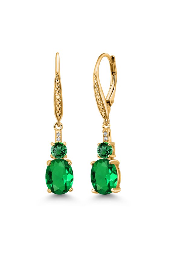 18K Yellow Gold Plated Silver Green Nano Emerald and White Lab Grown Diamond Dangle Earrings for Women (3.63 Cttw, Oval 9X7MM)