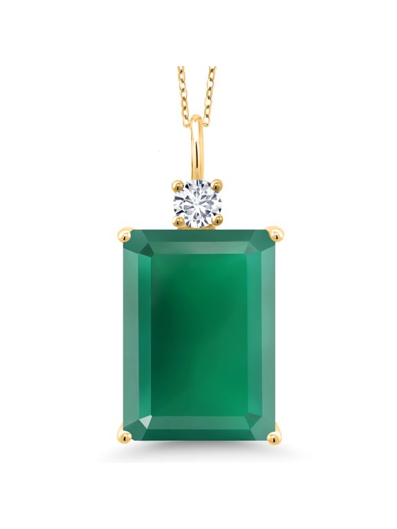 18K Yellow Gold Plated Silver Green Onyx and White Lab Grown Diamond Pendant Necklace for Women (15.91 Cttw, Emerald Cut 18X13MM, With 18 inch Silver Chain)
