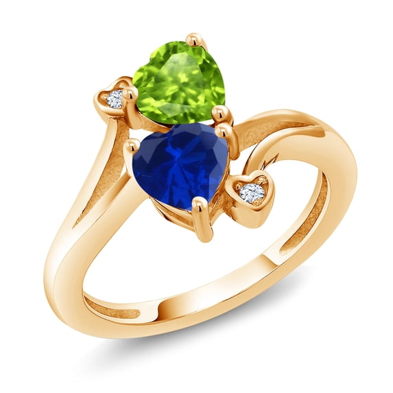 Gem Stone King 18K Yellow Gold Plated Silver Green Peridot Blue Created Sapphire Ring for Women (1.66 Cttw, Heart Shape 6MM, Gemstone August Birthstone, Size 5)