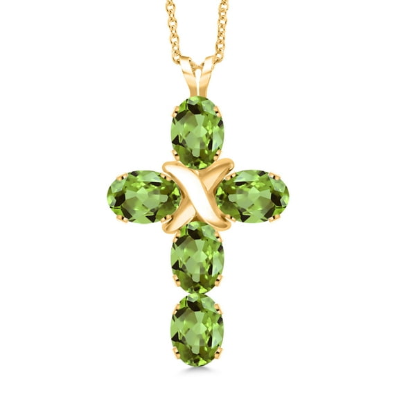 Gem Stone King 18K Yellow Gold Plated Silver Green Peridot Cross Pendant Necklace for Women (2.50 Cttw, Gemstone August Birthstone, Oval 6X4MM, With 18 inch Silver Chain)