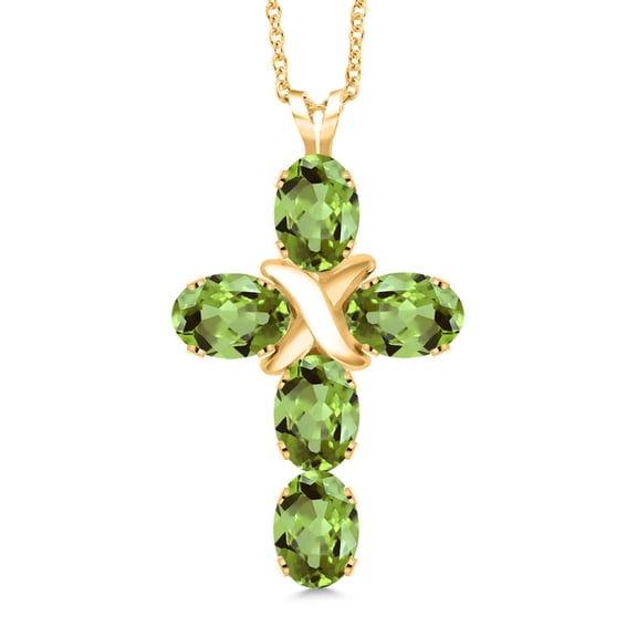 Gem Stone King 18K Yellow Gold Plated Silver Green Peridot Cross Pendant Necklace for Women (2.50 Cttw, Gemstone August Birthstone, Oval 6X4MM, With 18 inch Silver Chain)