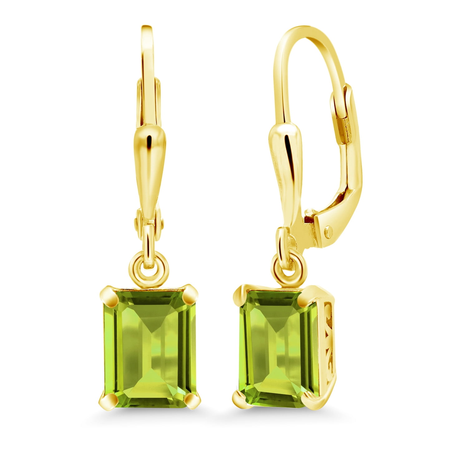 Gem Stone King 18K Yellow Gold Plated Silver Green Peridot Dangle Earrings for Women (3.20 Cttw, Gemstone August Birthstone, Emerald Cut 8X6MM)
