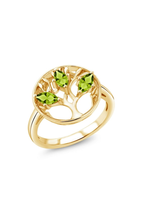 18K Yellow Gold Plated Silver Green Peridot Family Tree of Life Ring for Women (0.75 Cttw, Gemstone August Birthstone, Size 7)