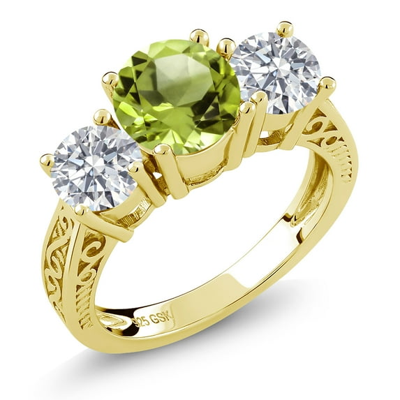 Gem Stone King 18K Yellow Gold Plated Silver Green Peridot and Lab Grown Diamond Engagement Ring for Women | 2.45 Cttw | Round 7MM | Gemstone August Birthstone | Size 8