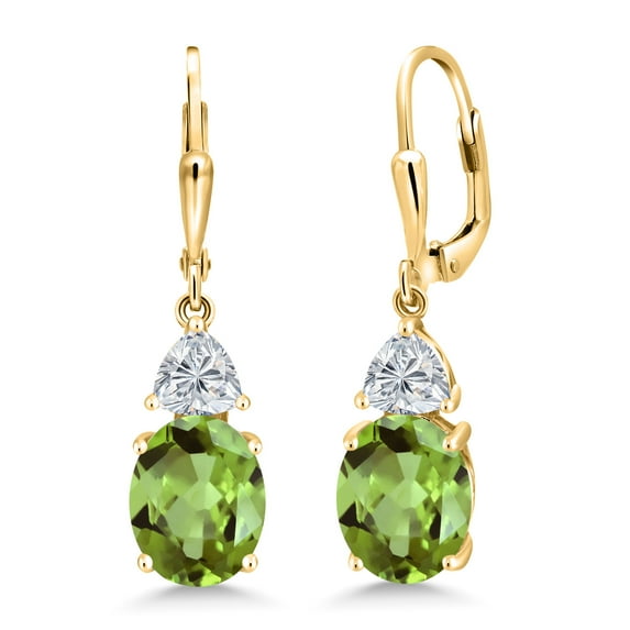 Gem Stone King 18K Yellow Gold Plated Silver Green Peridot and Lab Grown Diamond Dangle Earrings for Women | 6.34 Cttw | Gemstone August Birthstone | Oval 10X8MM