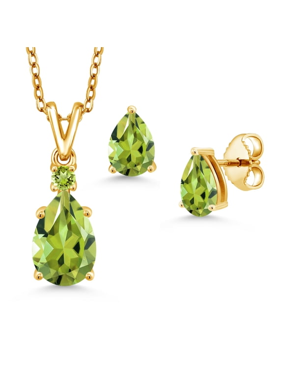 18K Yellow Gold Plated Silver Green Peridot Pendant and Earrings Jewelry Set for Women | 3.28 Cttw | Gemstone August Birthstone | Pear Shape 10X7MM and 7X5MM | With 18 inch Chain