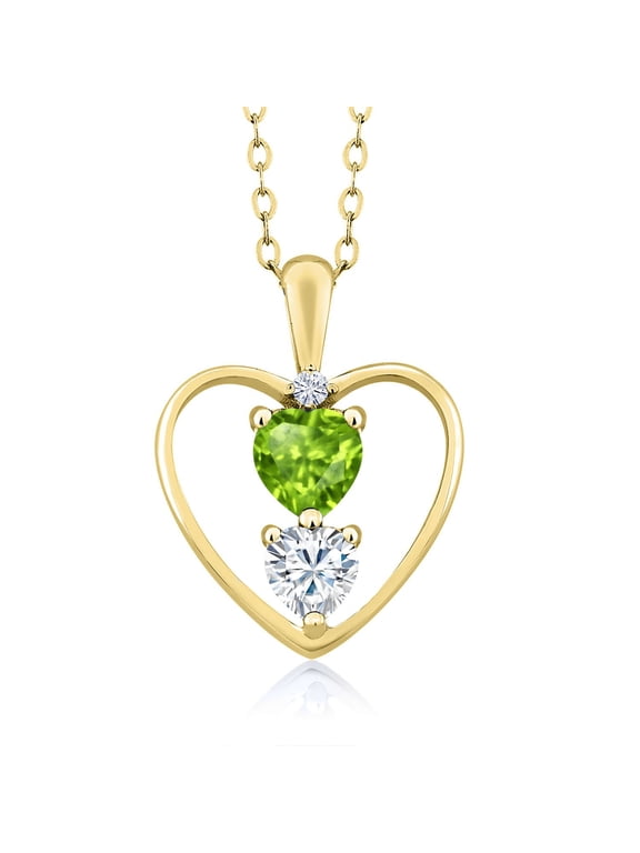 18K Yellow Gold Plated Silver Green Peridot Pendant Necklace for Women (0.74 Cttw, Gemstone August Birthstone, Heart 5MM and 4MM, with 18 inch Silver Chain)