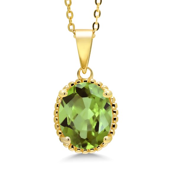 Gem Stone King 18K Yellow Gold Plated Silver Green Peridot Pendant Necklace for Women (3.00 Cttw, Oval 11X9MM, Gemstone August Birthstone, with 18 inch Silver Chain)