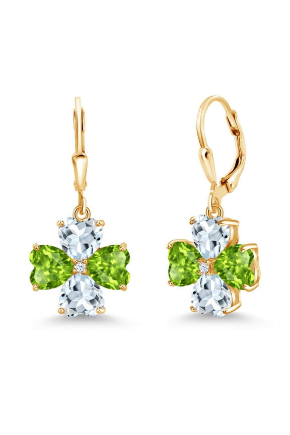 18K Yellow Gold Plated Silver Green Peridot and Sky Blue Aquamarine Dangle Earrings for Women (6.00 Cttw, Gemstone August Birthstone, Heart Shape 6MM)