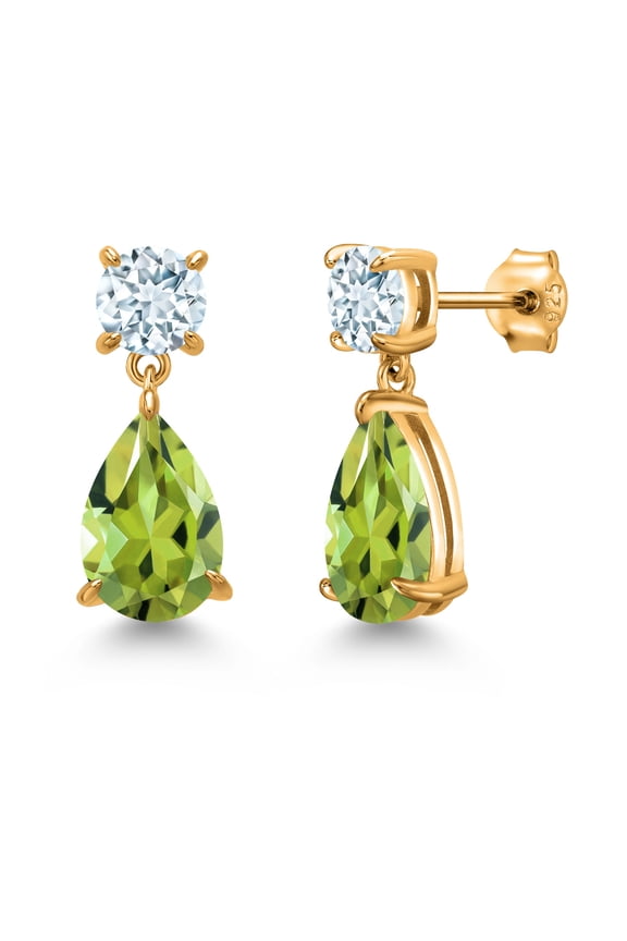 18K Yellow Gold Plated Silver Green Peridot and Sky Blue Aquamarine Earrings for Women | 7.46 Cttw | Gemstone August Birthstone | Pear Shape 12X8MM