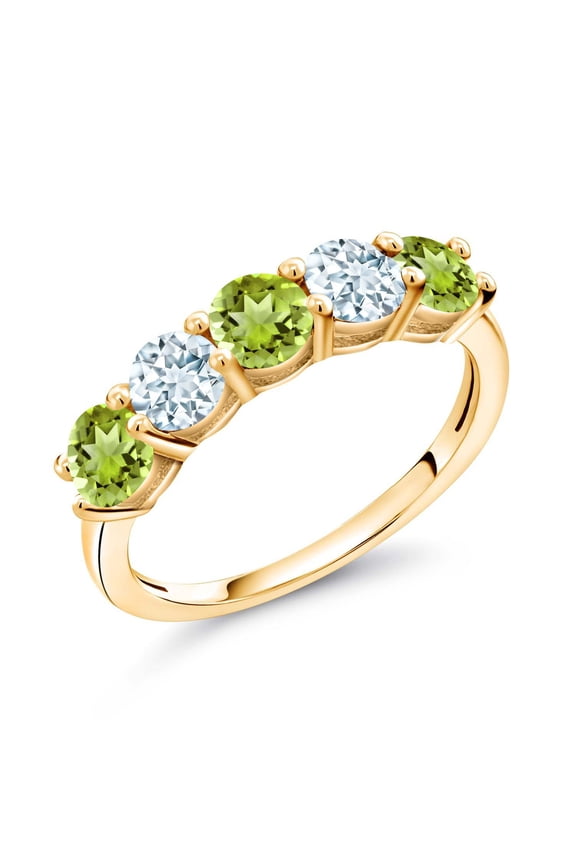 18K Yellow Gold Plated Silver Green Peridot and Sky Blue Aquamarine Wedding Band Ring for Women (0.96 Cttw, Round 3.5MM, Gemstone August Birthstone, Size 9)