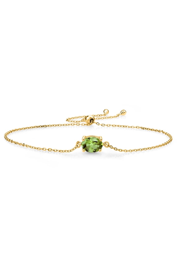 18K Yellow Gold Plated Silver Green Peridot Solitaire Bracelet for Women (1.42 Cttw, Oval 8X6MM, Gemstone August Birthstone, Fully Adjustable up to 9 inch)
