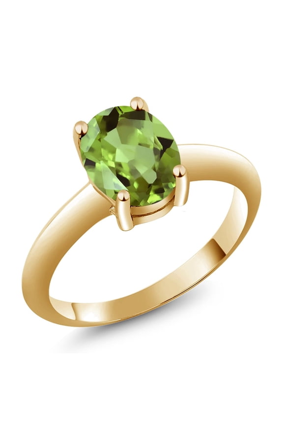 18K Yellow Gold Plated Silver Green Peridot Solitaire Engagement Ring for Women (2.10 Cttw, Oval 9X7MM, Gemstone August Birthstone, Available in Size 5, 6, 7, 8, 9)