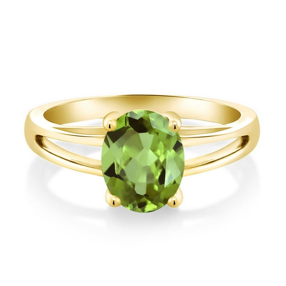 Gem Stone King 18K Yellow Gold Plated Silver Green Peridot Solitaire Engagement Ring for Women (2.10 Cttw, Oval 9X7MM, Gemstone Birthstone, Available in Size 5, 6, 7, 8, 9)