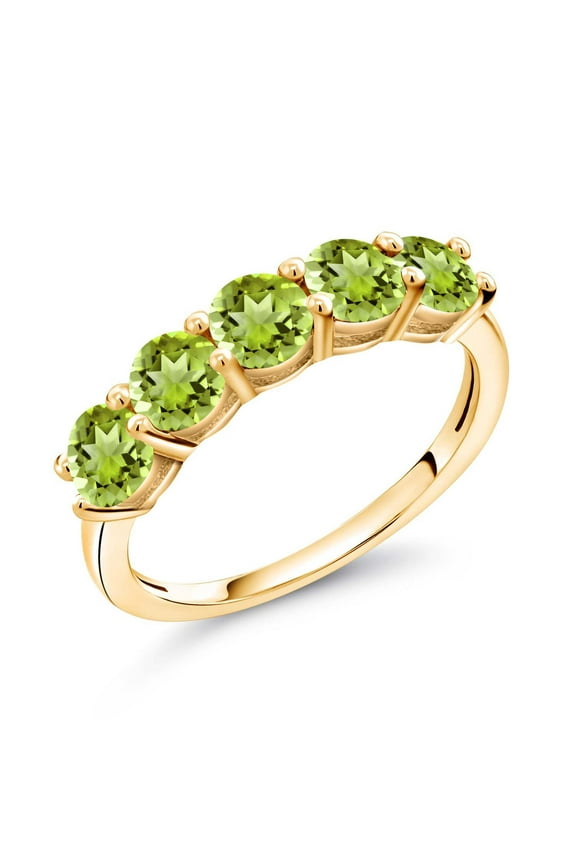 18K Yellow Gold Plated Silver Green Peridot Wedding Band Ring for Women (1.04 Cttw, Round 3.5MM, Gemstone August Birthstone, Available in Size 5, 6, 7, 8, 9)