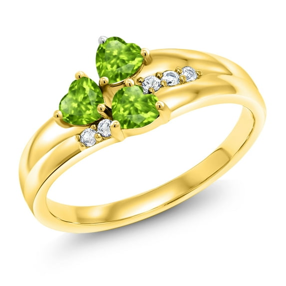 Gem Stone King 18K Yellow Gold Plated Silver Green Peridot and White Created Sapphire 3-Stone Ring for Women (0.98 Cttw, Heart Shape 4MM, Gemstone August Birthstone, Size 9)