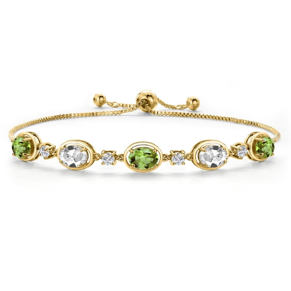 Gem Stone King 18K Yellow Gold Plated Silver Green Peridot and White Created Sapphire Bracelet for Women | 4.70 Cttw | Gemstone August Birthstone | Oval 7X5MM | Fully Adjustable 9 inch