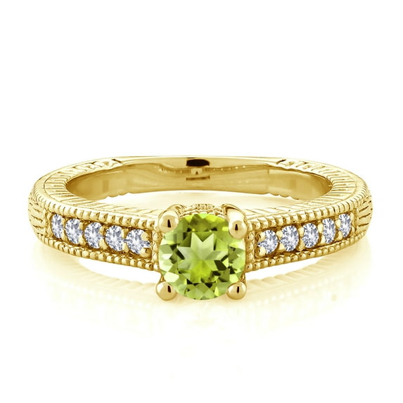 Gem Stone King 18K Yellow Gold Plated Silver Green Peridot and White Created Sapphire Women's Solitaire Ring with Accent Stones (0.70 Cttw, Round Shape 5MM, Size 5)