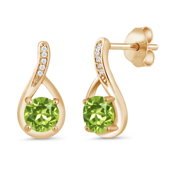 Gem Stone King 18K Yellow Gold Plated Silver Green Peridot and White Diamond Infinity Earrings for Women (1.07 Cttw, Gemstone August Birthstone, Round 5MM)