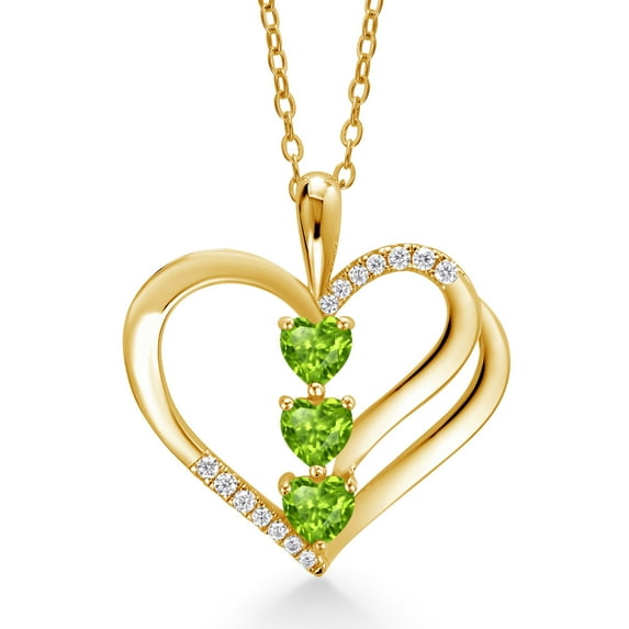 Gem Stone King 18K Yellow Gold Plated Silver Green Peridot and White Moissanite 3-Stone Pendant Necklace for Women (1.00 Cttw, Gemstone Birthstone, Heart Shape 4MM, with 18 inch Silver Chain)