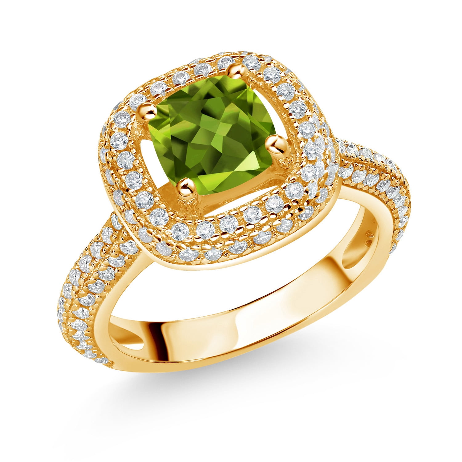 Gem Stone King 18K Yellow Gold Plated Silver Green Peridot and White Moissanite Engagement Ring for Women (1.48 Cttw, Cushion 6MM, Gemstone August Birthstone, Size 7)