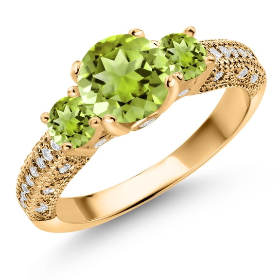 Gem Stone King 18K Yellow Gold Plated Silver Green Peridot and White Moissanite Engagement Ring for Women (2.13 Cttw, Gemstone August Birthstone, Round 7MM and 4MM, Size 5)