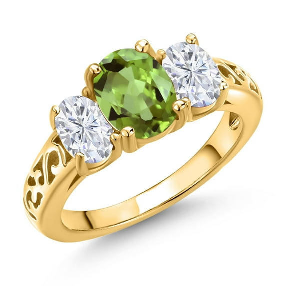 Gem Stone King 18K Yellow Gold Plated Silver Green Peridot and White Moissanite Filigree Style 3 Stone Ring for Women (2.42 Cttw, Oval 8X6MM and 6X4MM) (Size 5)