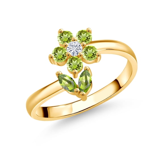 Gem Stone King 18K Yellow Gold Plated Silver Green Peridot and White Moissanite Flower Open Ring for Women (0.59 Cttw, Gemstone August Birthstone, Size 7)