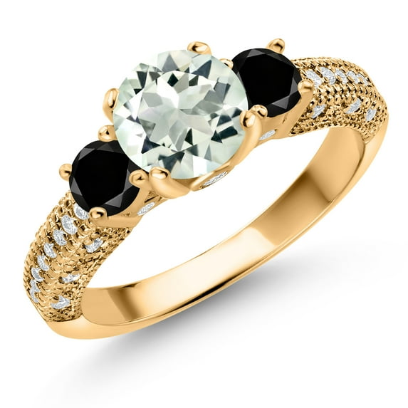 Gem Stone King 18K Yellow Gold Plated Silver Green Prasiolite Black Diamond and White Moissanite Engagement Ring for Women (1.72 Cttw, Gemstone, Round 7MM and 4MM, Size 7)