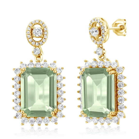 Gem Stone King 18K Yellow Gold Plated Silver Green Prasiolite Dangle Earrings for Women (13.80 Cttw, Gemstone Birthstone, Octagon 14X10MM)