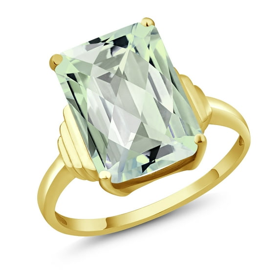 Gem Stone King 18K Yellow Gold Plated Silver Green Prasiolite Ring for Women (6.60 Cttw, Emerald Cut Checkerboard 14X10MM, Gemstone Birthstone, Available in Size 5, 6, 7, 8, 9)