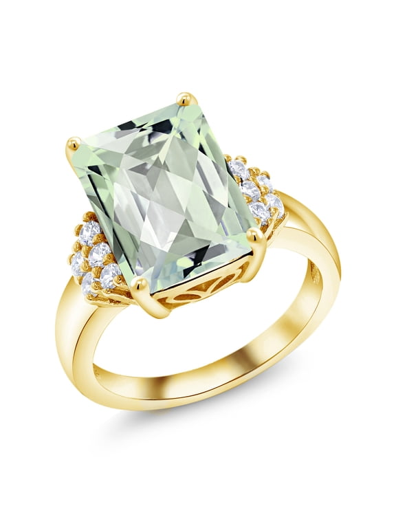 18K Yellow Gold Plated Silver Green Prasiolite Ring for Women (6.90 Cttw, Gemstone Birthstone, Emerald Cut Checkerboard 14X10MM, Available in Size 5, 6, 7, 8, 9)