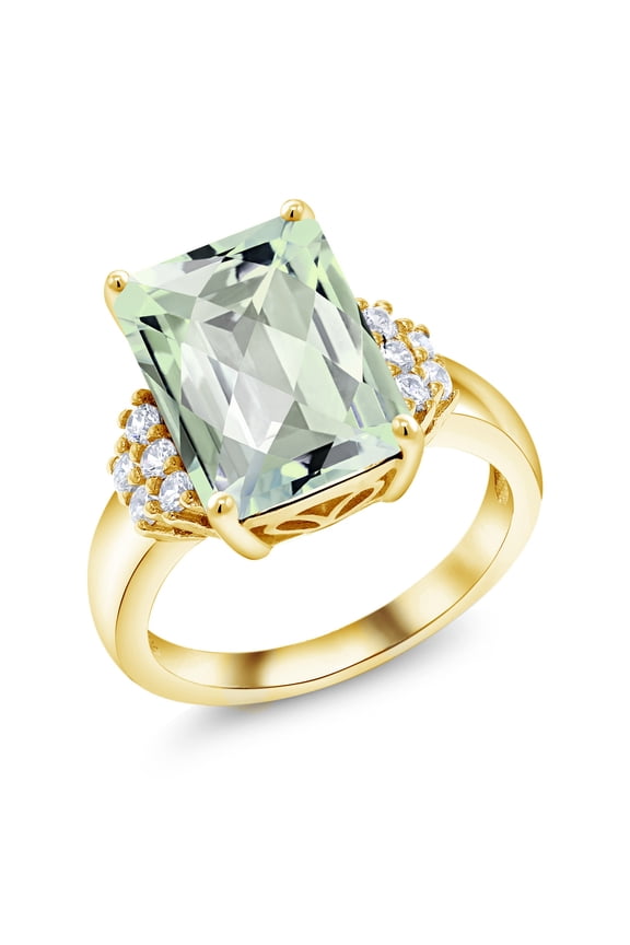 18K Yellow Gold Plated Silver Green Prasiolite Ring for Women (6.90 Cttw, Gemstone Birthstone, Emerald Cut Checkerboard 14X10MM, Available in Size 5, 6, 7, 8, 9)