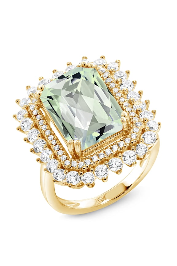 18K Yellow Gold Plated Silver Green Prasiolite Ring for Women (7.20 Cttw, Gemstone Birthstone, Available in Size 5, 6, 7, 8, 9)