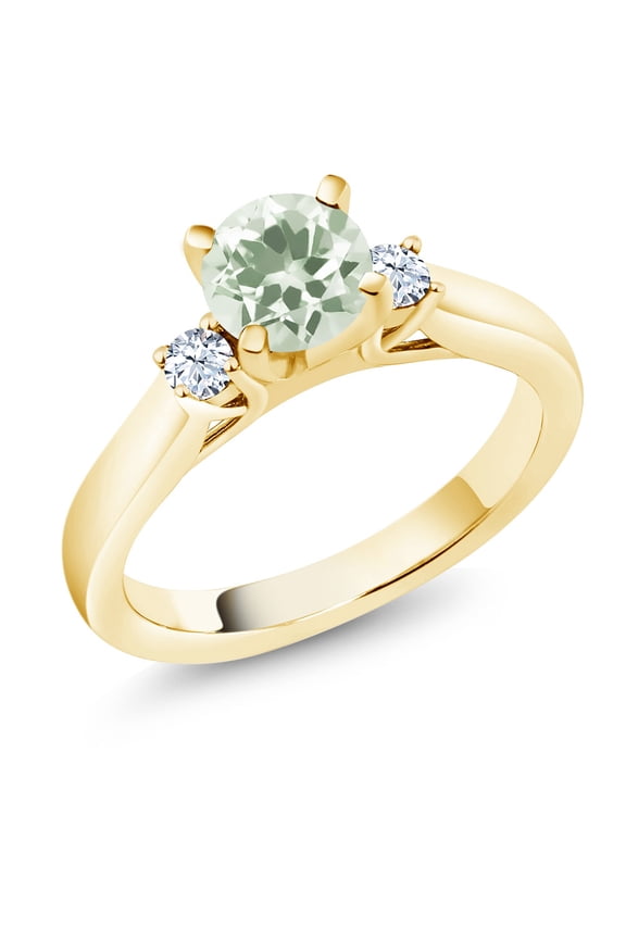 18K Yellow Gold Plated Silver Green Prasiolite and White Created Sapphire 3-Stone Engagement Ring for Women (0.90 Cttw, Round 6MM, Gemstone Birthstone, Size 7)