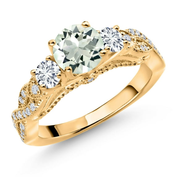 Gem Stone King 18K Yellow Gold Plated Silver Green Prasiolite White Lab Grown Diamond and White Moissanite Engagement Ring for Women (1.27 Cttw, Gemstone, Round 6MM and 3MM, Size 8)