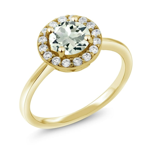 Gem Stone King 18K Yellow Gold Plated Silver Green Prasiolite and White Moissanite Halo Engagement Ring for Women (1.23 Cttw, Gemstone Birthstone, Round 7MM, Size 5)