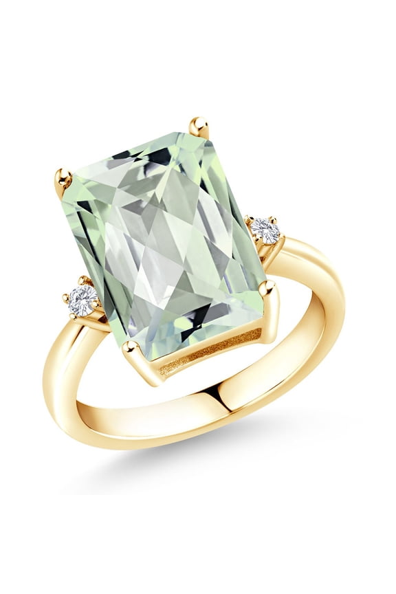 18K Yellow Gold Plated Silver Green Prasiolite and White Moissanite Ring for Women | 6.68 Cttw | Emerald Cut Checkerboard 14X10MM | Wedding Engagement Anniversary Ring | Size 5