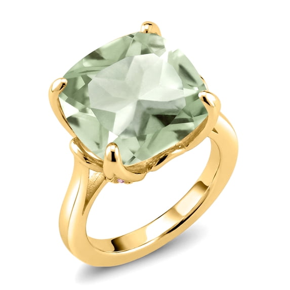 Gem Stone King 18K Yellow Gold Plated Silver Green Prasiolite and Pink Lab Grown Diamond Engagement Ring for Women (9.10 Cttw, 14MM Cushion, Size 7)