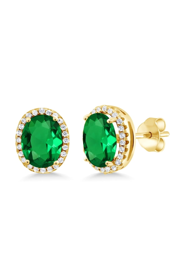 18K Yellow Gold Plated Silver Green Simulated Emerald Earrings for Women (3.48 Cttw, Oval 9X7MM)