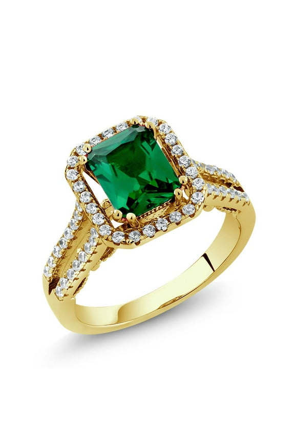 18K Yellow Gold Plated Silver Green Simulated Emerald Ring for Women | 2.78 Cttw | Emerald Cut 9X7MM | Available in Size 5, 6, 7, 8, 9