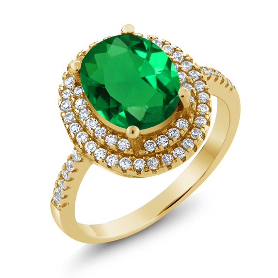 Gem Stone King 18K Yellow Gold Plated Silver Green Simulated Emerald Ring for Women | 2.80 Cttw | Oval 9X7MM | Wedding Engagement Anniversary Promise Ring for Women | Size 6