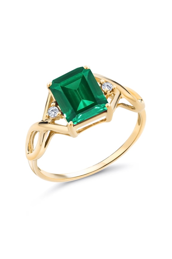 3-Stone Ring for Women | 18K Yellow Gold Plated Silver | 9X7MM Emerald Cut Gemstone Birthstone & Lab Grown Diamond | Wedding Anniversary Engagement Ring | Size 5-9 | Nano Emerald | 5
