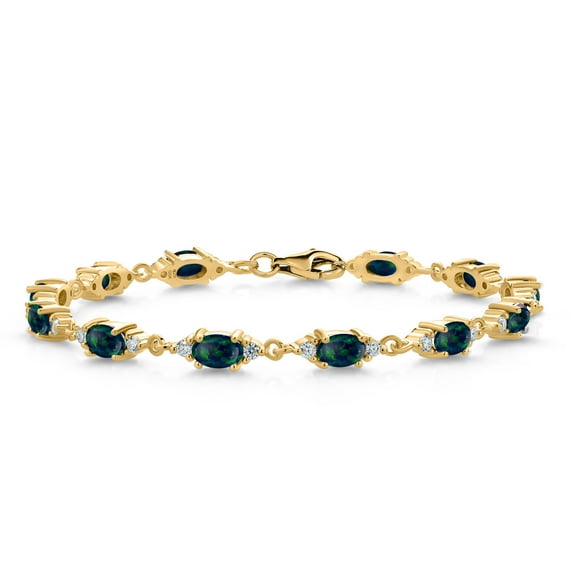 Gem Stone King 18K Yellow Gold Plated Silver Green Simulated Opal and White Moissanite Tennis Bracelet for Women (6.91 Cttw, Gemstone Birthstone, Oval/Cabochon 6X4MM, 7 inch)