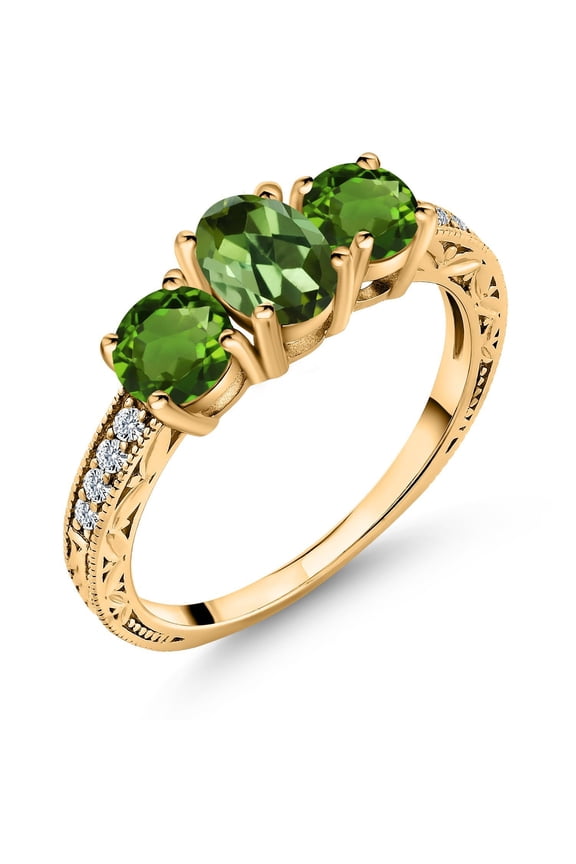 18K Yellow Gold Plated Silver Green Tourmaline and Green Chrome Diopside Ring for Women | 1.82 Cttw | Gemstone Birthstone (Size 5)