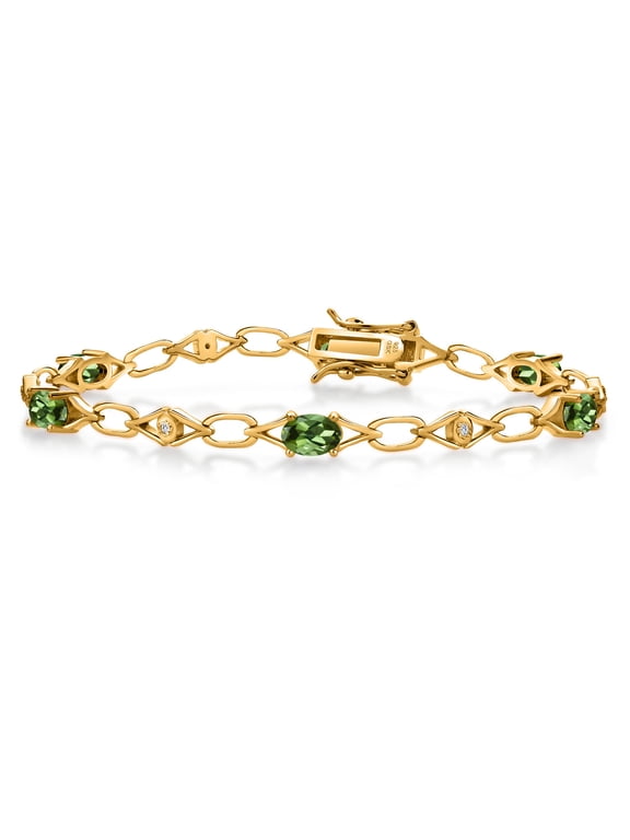 18K Yellow Gold Plated Silver Green Tourmaline and Round White Lab Grown Diamond Tennis Bracelet for Women (3.04 Cttw, Gemstone Birthstone, Oval 6X4MM, 7.25 inches)