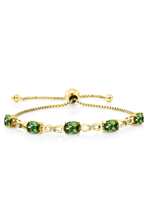 18K Yellow Gold Plated Silver Green Tourmaline and White Lab Grown Diamond Tennis Bracelet for Women (3.52 Cttw, Gemstone October Birthstone, Oval 7x5MM, Fully Adjustable up to 9 inch)