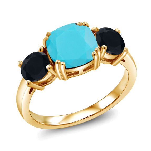Gem Stone King 18K Yellow Gold Plated Silver Green Turquoise and Black Onyx 3 Stone Engagement Ring for Women (2.95 Cttw, Gemstone, Cushion 8MM, Size 7)