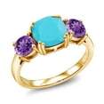 thumbnail image 1 of Gem Stone King 18K Yellow Gold Plated Silver Green Turquoise and Purple Amethyst 3 Stone Engagement Ring for Women (2.95 Cttw, Gemstone, Cushion 8MM, Size 8), 1 of 5