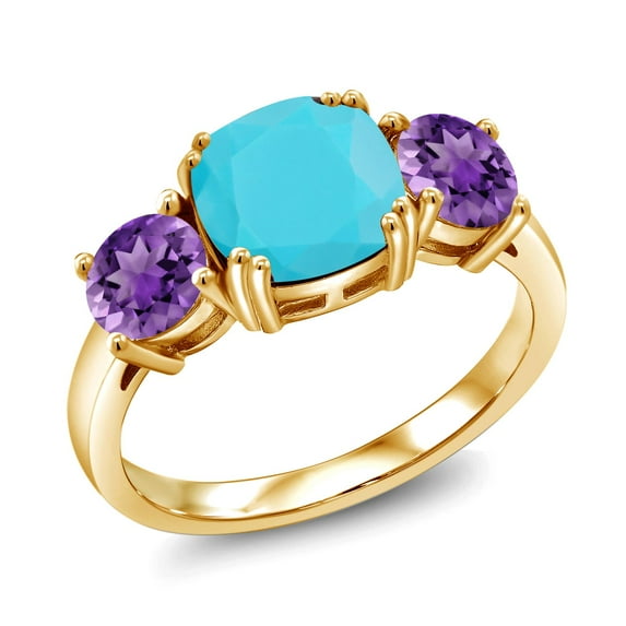 Gem Stone King 18K Yellow Gold Plated Silver Green Turquoise and Purple Amethyst 3 Stone Engagement Ring for Women (2.95 Cttw, Gemstone, Cushion 8MM, Size 8)